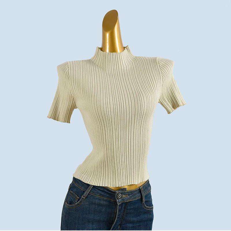 Fleece Blended Spring and Autumn New Women Solid Short sleeve Woolen Sweater Women Simple Half-high Collar Slim fit Slimming Top