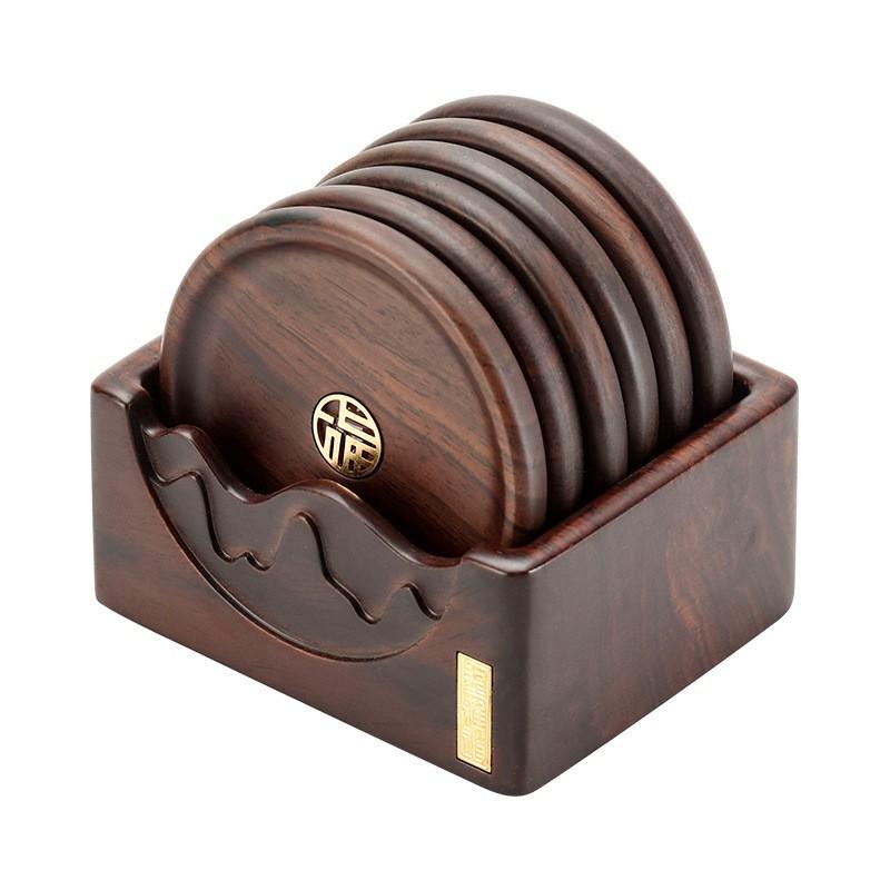 Black Ebony Wood Coaster Set Office Tea Ceremony Heat Resistant Cup Mat 6pcs Round Hollow Copper Inlay