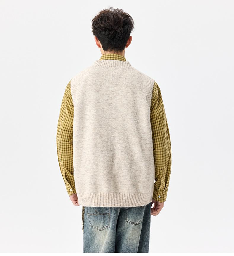 Men's Wool Blend Sleeveless V-Neck Knit Vest - Loose, Warm Base Layer for Autumn/Winter