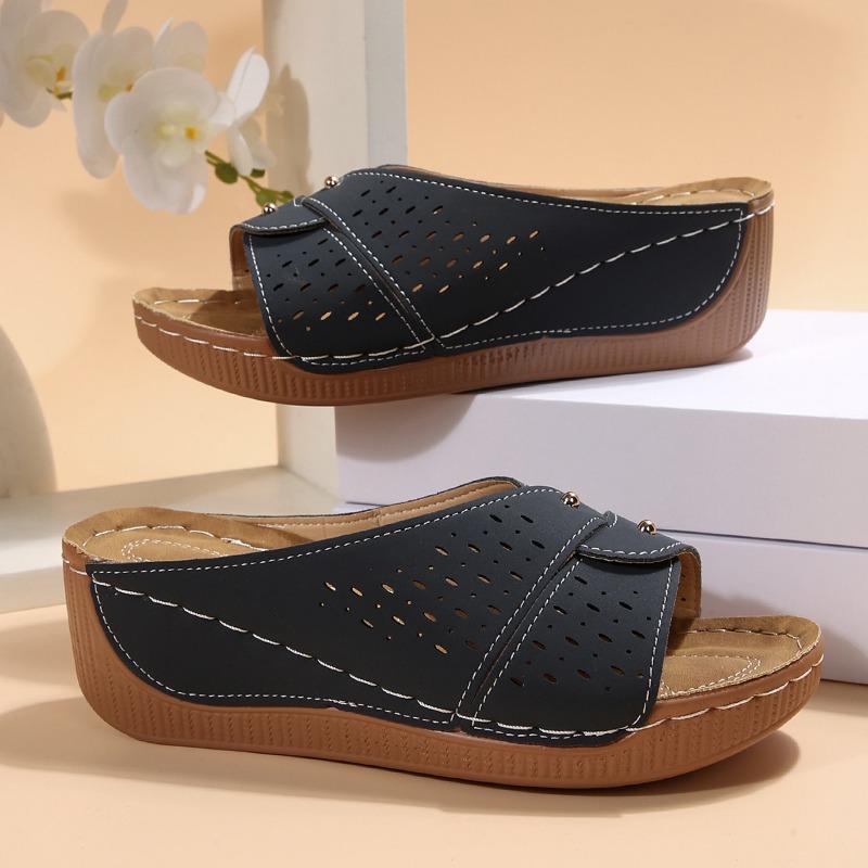 Hollowed-out Shoes with Cross-straps Thick-soled Slippers Women's Summer Wedge Heels Fish-mouth Stitched Beach Flip-flops
