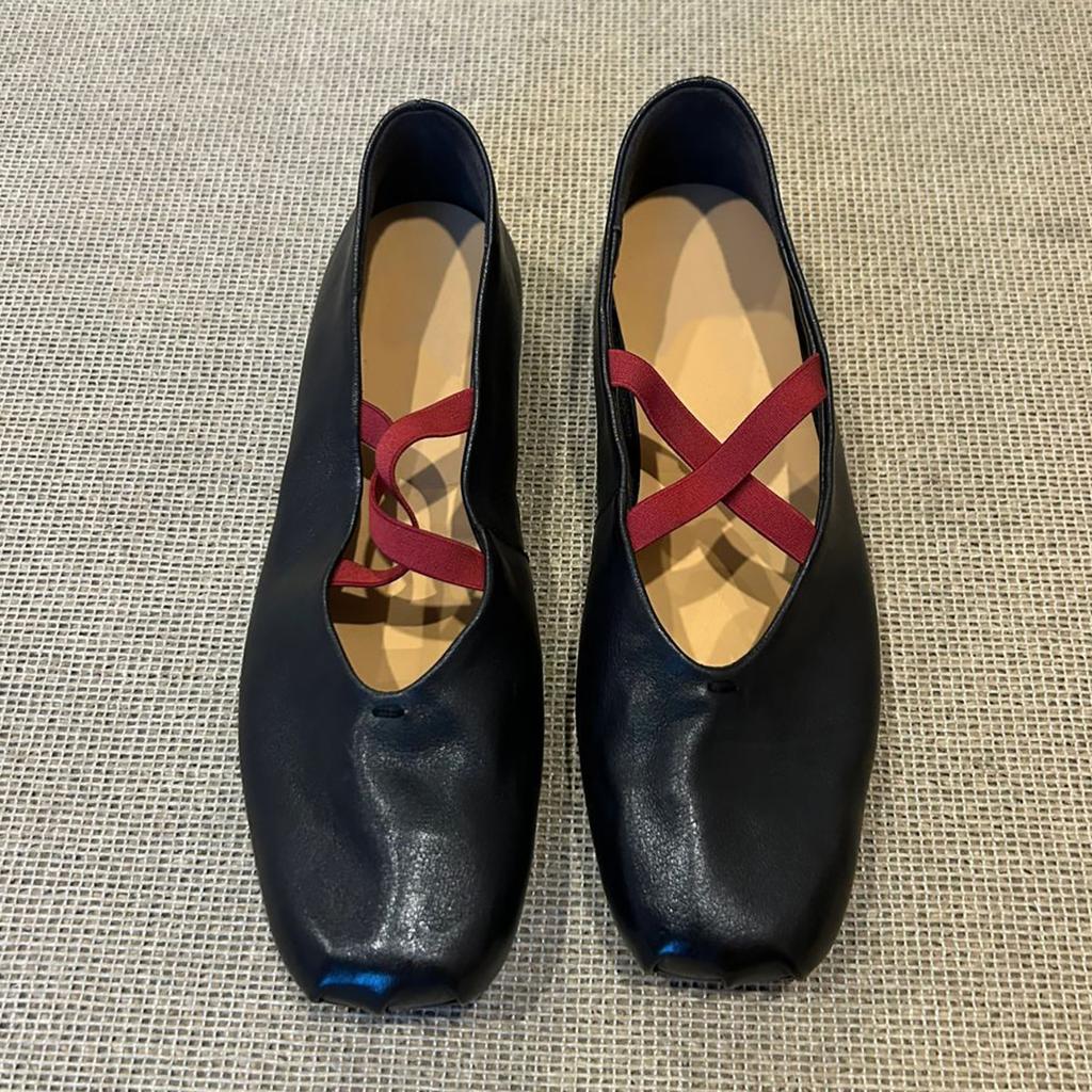 Sheepskin Version~ Square Head Cross Strap Ballet Shoes Retro Flat-soled Small Leather Shoes Versatile Light Mouth Mary Jane Single Shoes Women