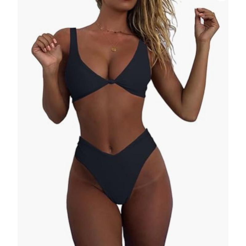 New Split Fashionable and Sexy Solid Color Suspender Halter Bikini Beach Hot Spring Vacation Swimsuit Women S