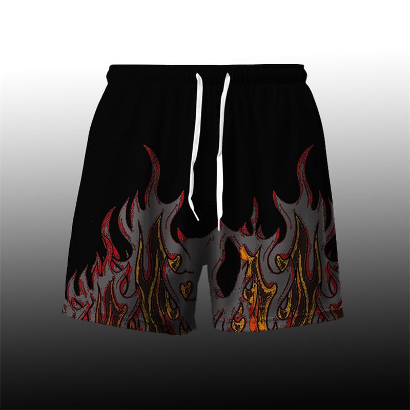 Flame Pattern Cool Harajuku Men's Board Short Y2k Personality Fire Stripe 3D Print Beach Shorts Breathable Loose Fashion Trunks