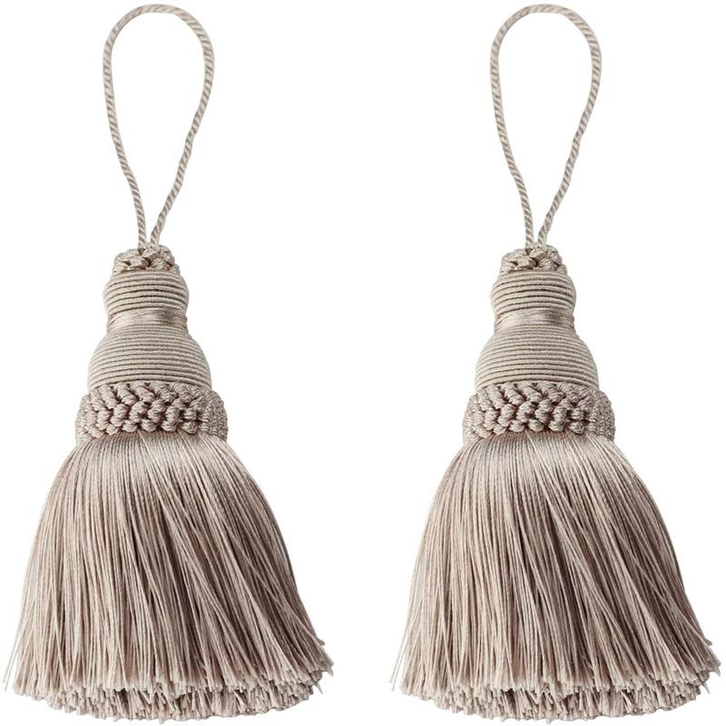2Pc Decorazioni per la casa Corda appesa Nappe di seta Frangia Nappa Trim Decorazione dell'indumento Nappe chiave per abbellimenti fai da te Accessori per tende Khaki