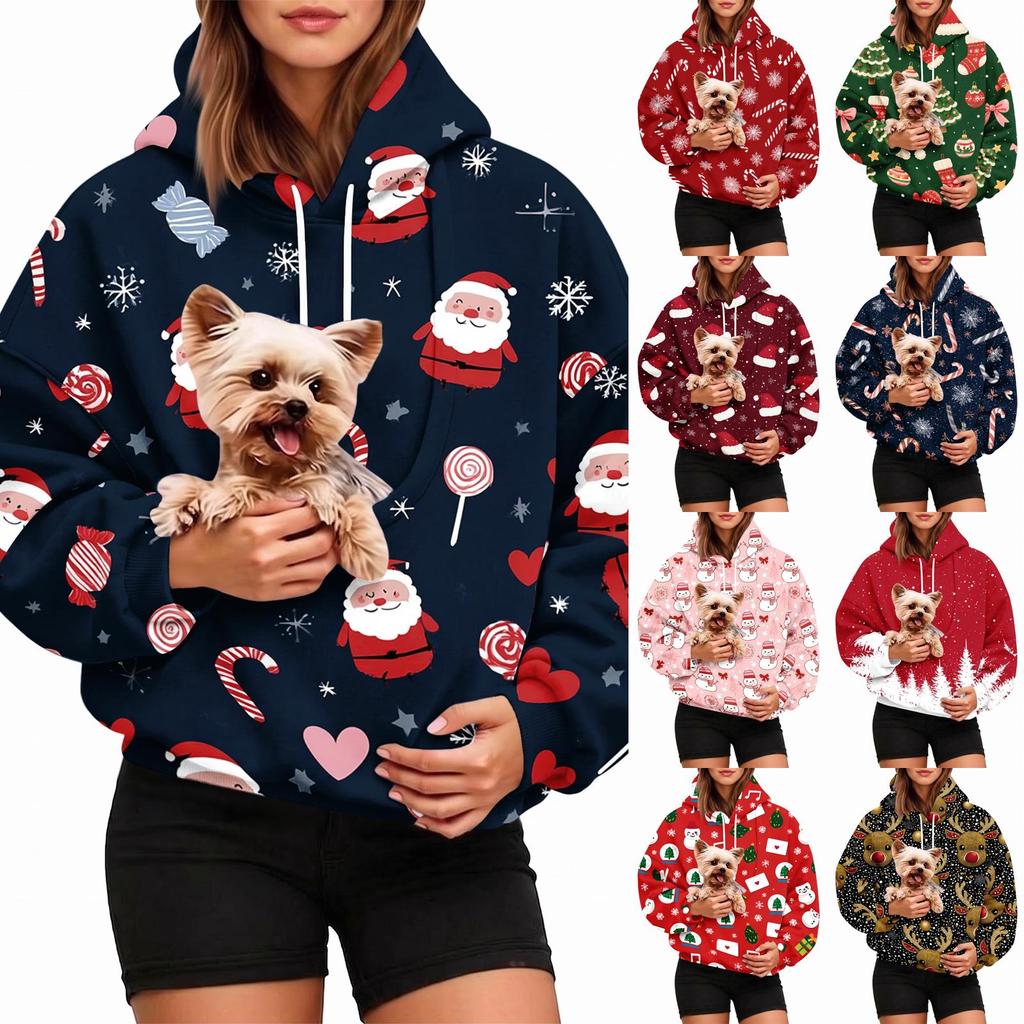 Women's Christmas Print Pet Pocket Hoodie, Fashion Hooded Sweatshirt for Holiday