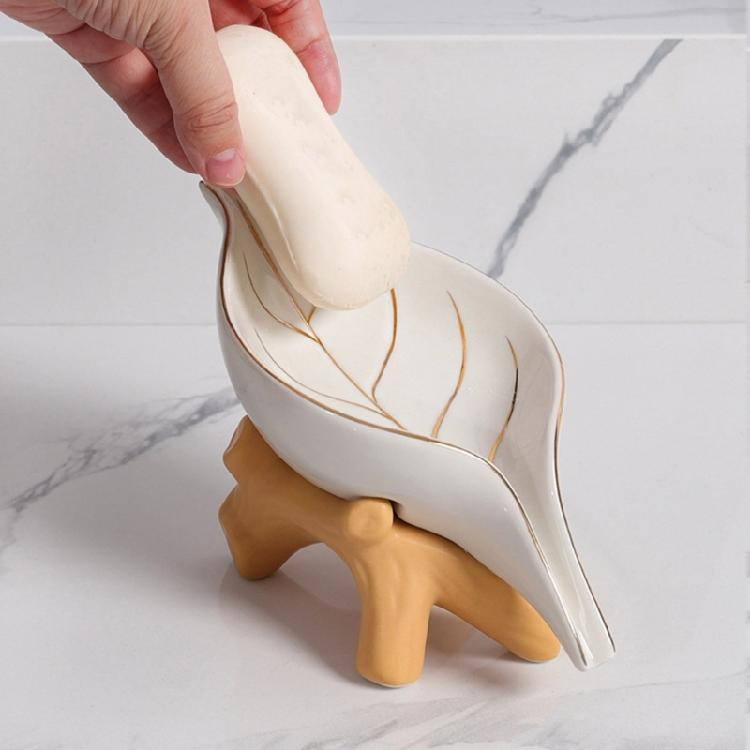 Modern Ceramic Soap Holder NonSlip Base Golden Leaf Pattern Soap Dish Organizers Tray for Bathroom Kitchen Essential