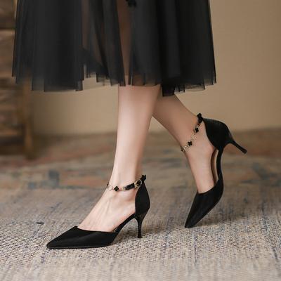 High-heeled Shoes  Summer Hollow Stiletto Women's Single Shoes Commuting Word Buckle Pointed High-heeled Sandals