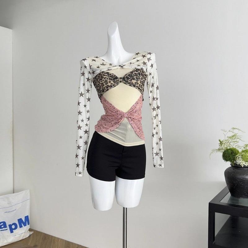 

Women s Sheer Mesh Blouse Leopard Star Print Bow Back Long Sleeve V-Neck Slim Fit Fashion Top for Party Onesize бежевий