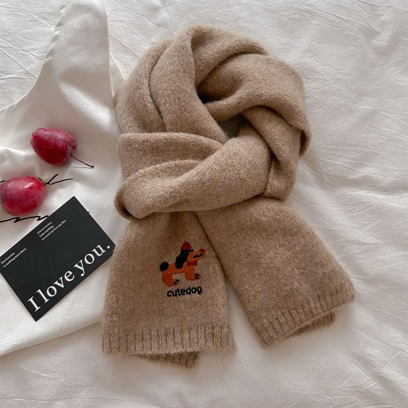 2024 Neu Warmer und Vielseitiger College-Stil Gestrickter Niedlicher Kleiner Hund Bestickter Schal für Damen im Herbst und Winter