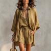 European and American cross-border foreign trade summer lapel breasted nine-point sleeve cardigan deep V-neck vest shorts casual three-piece set women
