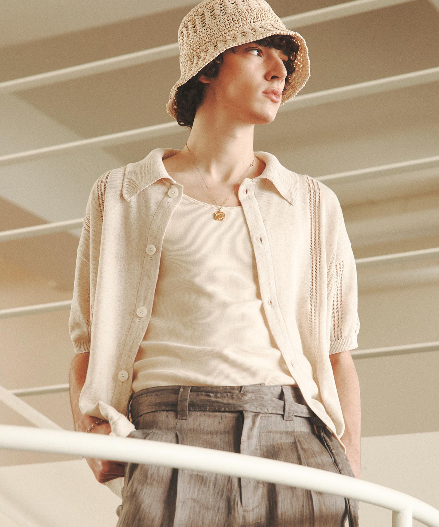 Nitied Linen Scallop Knit Shirt Oatmeal Xl