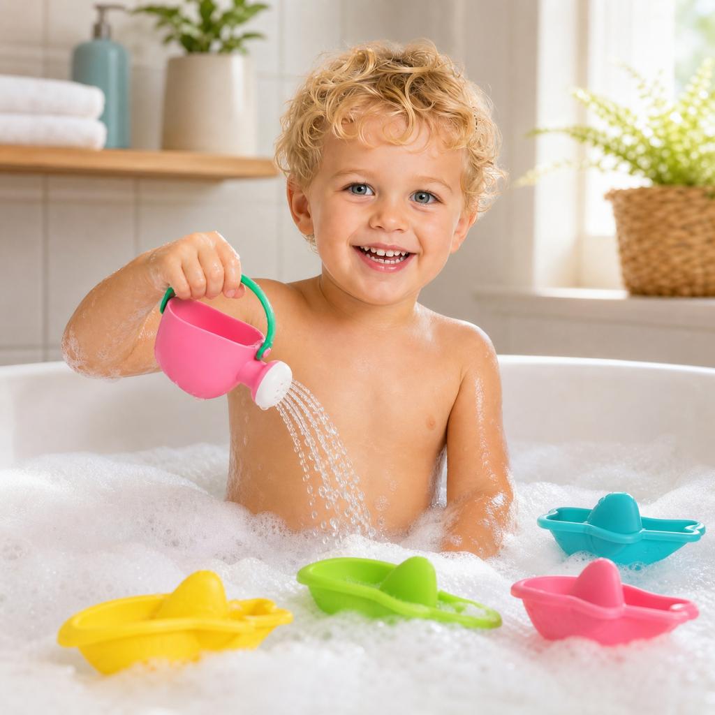6pc Bath Toys Set Plastic Floating Boats Watering Can and Strainer for Kids Bath Time Play and Water Activities