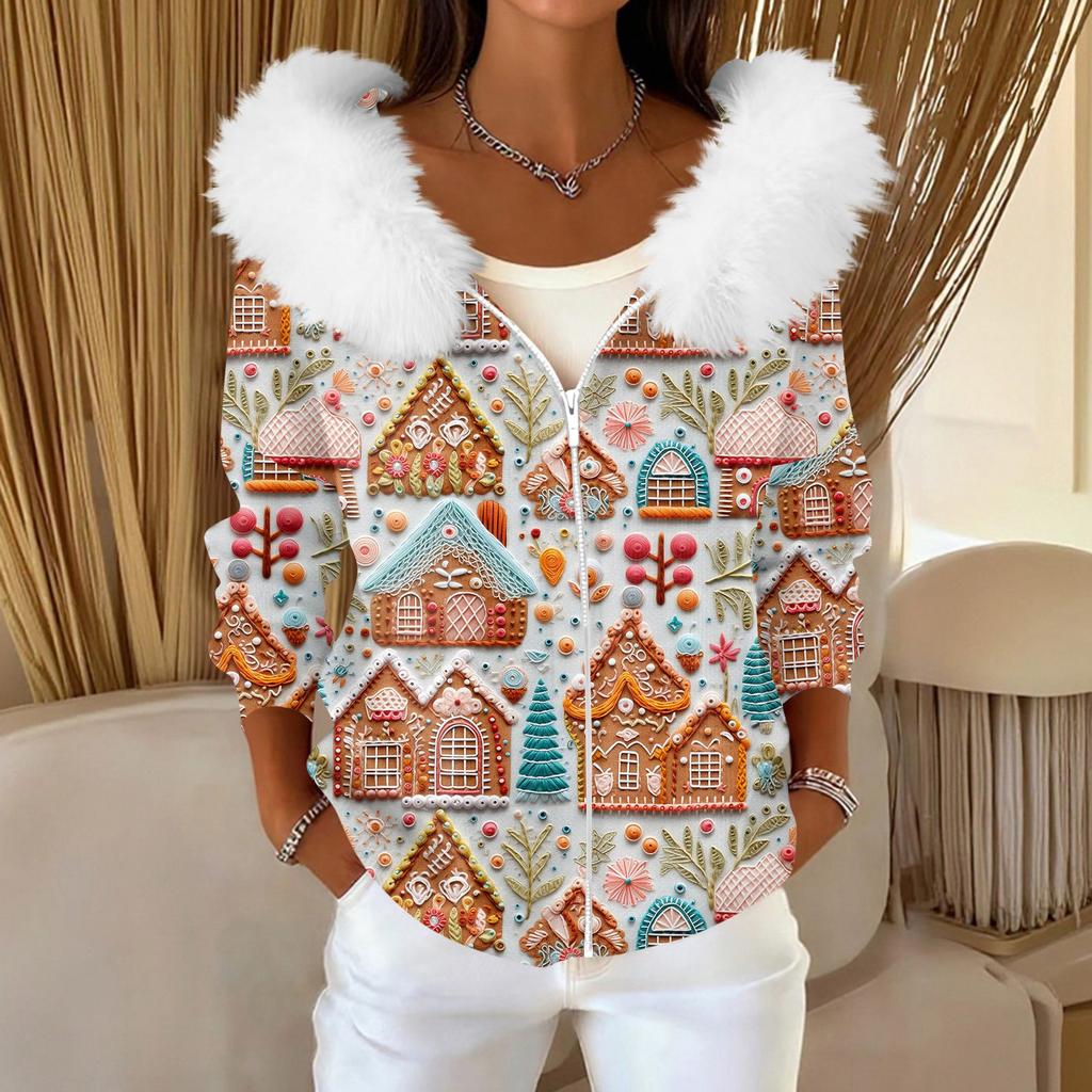 Women's Fashion Casual Sweater Zipper Print Cardigan Plush Hooded Jacket