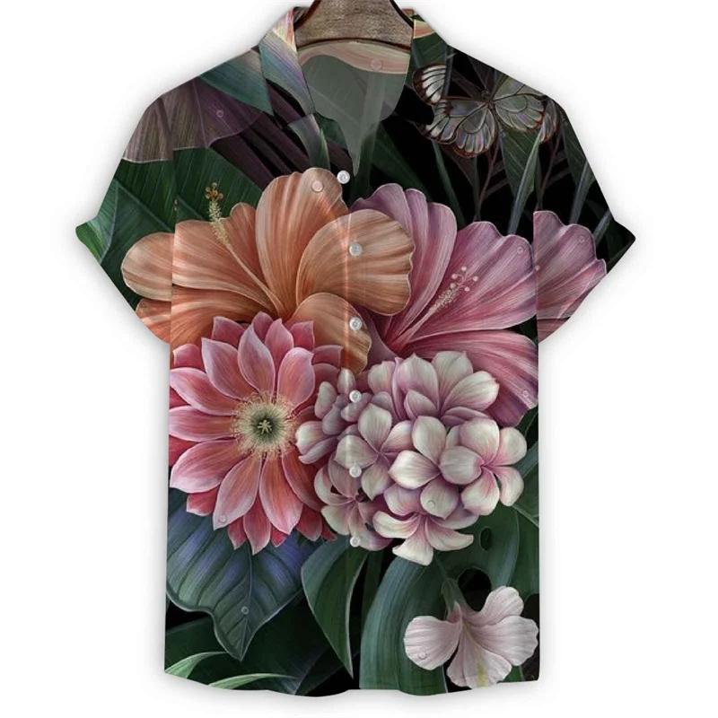 Fashion 3d Print Flower Lapel Shirt Men Summer Short Sleeves Floral Hawaiian Shirts Cool Street Button Loose Blouse Tops Clothes