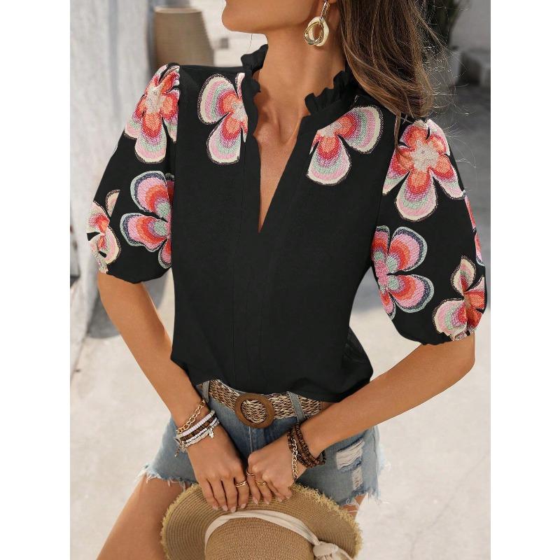Women's Fashion Casual Summer Spring Flower Pattern Print Short Sleeve V-Neck Blouses Shirts