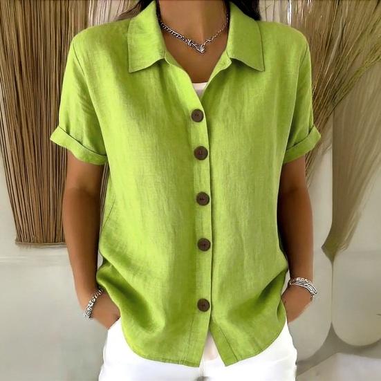 Women Tops Lapel Short Sleeve Buttons Placket Shirt Tops Pure Color Loose Fit Casual Style Shirt Home Dates Versatile Wear