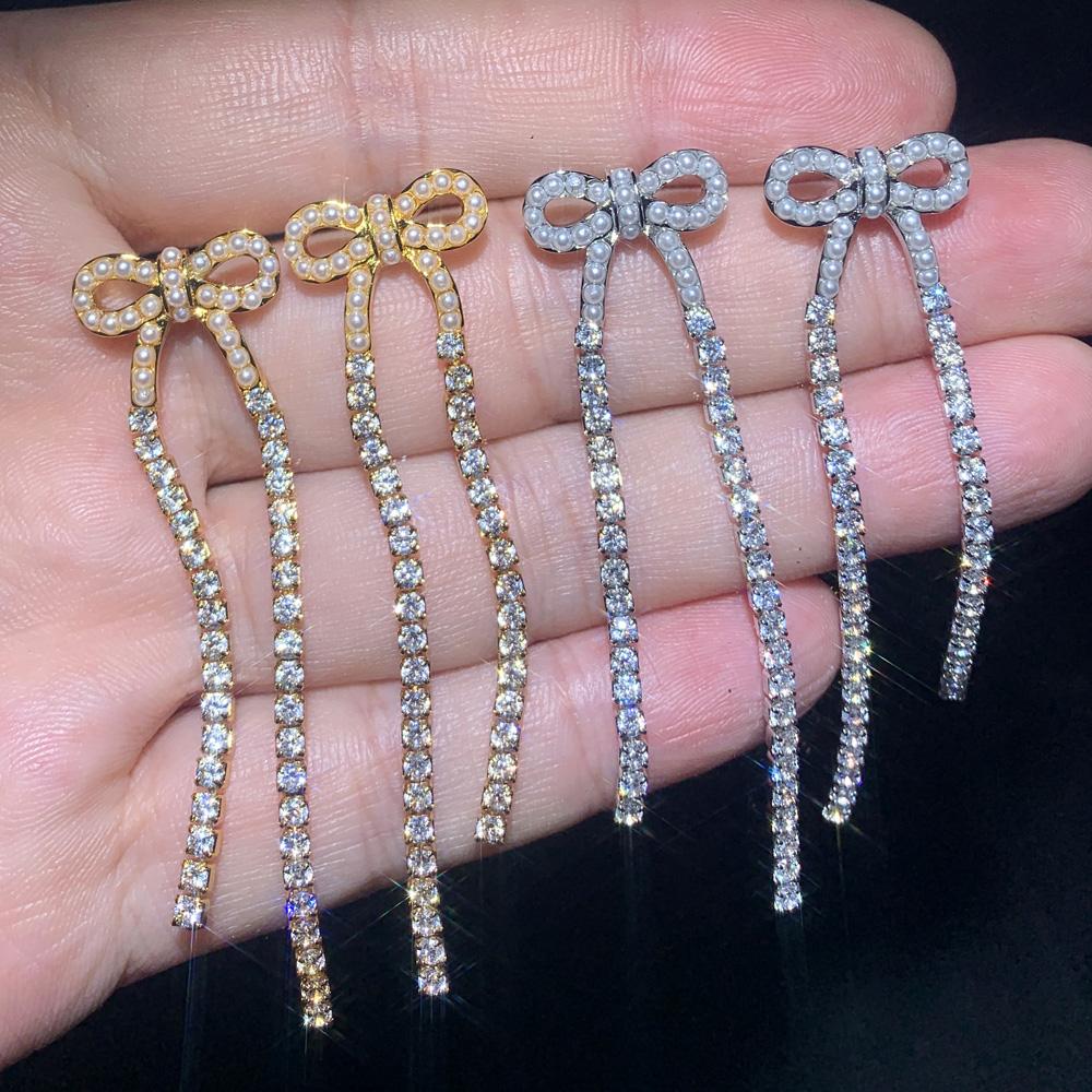 2024 Fashion Women Jewelry Thin CZ Tennis Tassel Chain Cute Bow Earring