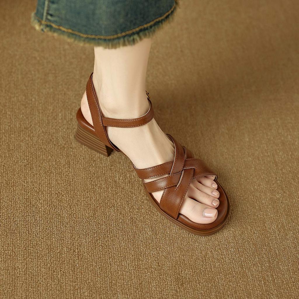 Krazing Pot Cow Skin Thick Med Heels Peep Toe Summer Size 42 Brand Shoes Street Wear Gladiator Elegant Women Sandals