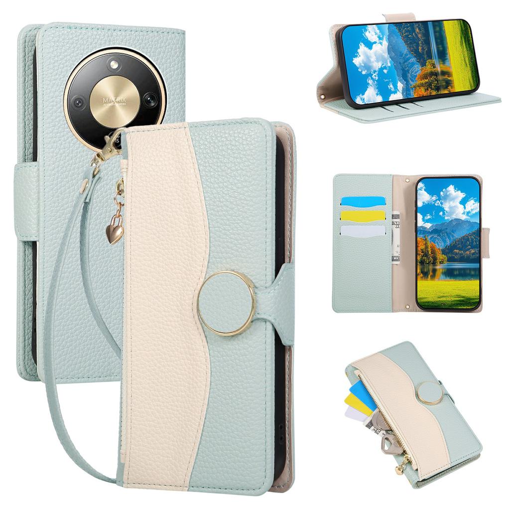 Phone Case For Honor Magic8 Lite 5G / X9d 5G / X70 5G Zipper Wallet Color Splicing TPU PU Leather Flip Phone Cover with Strap