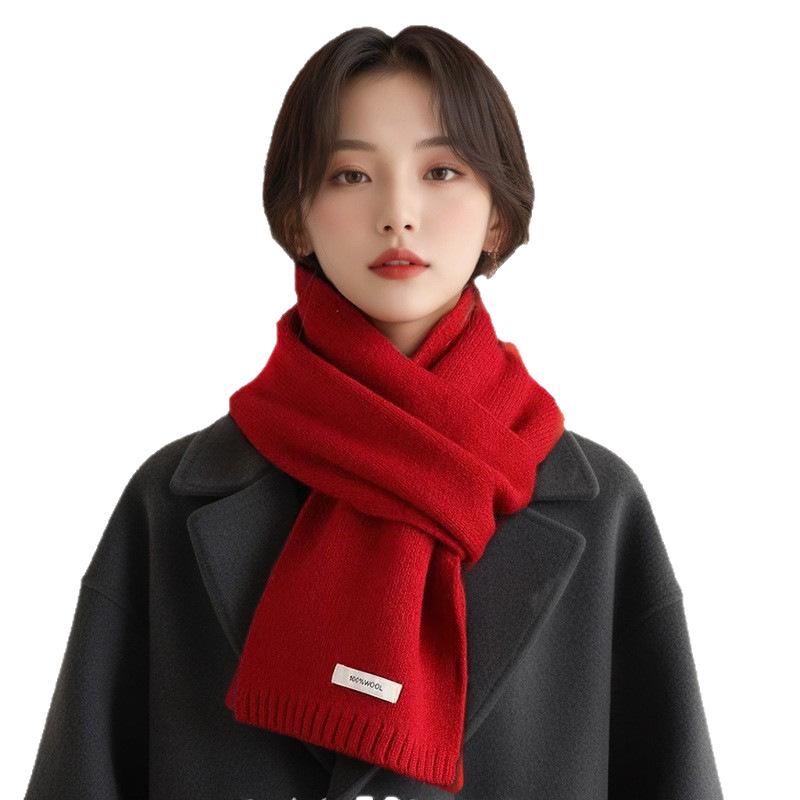 100% Wool Knit Cashmere-Style Scarf: Versatile Solid Color for Men and Women, Korean Winter Fashion