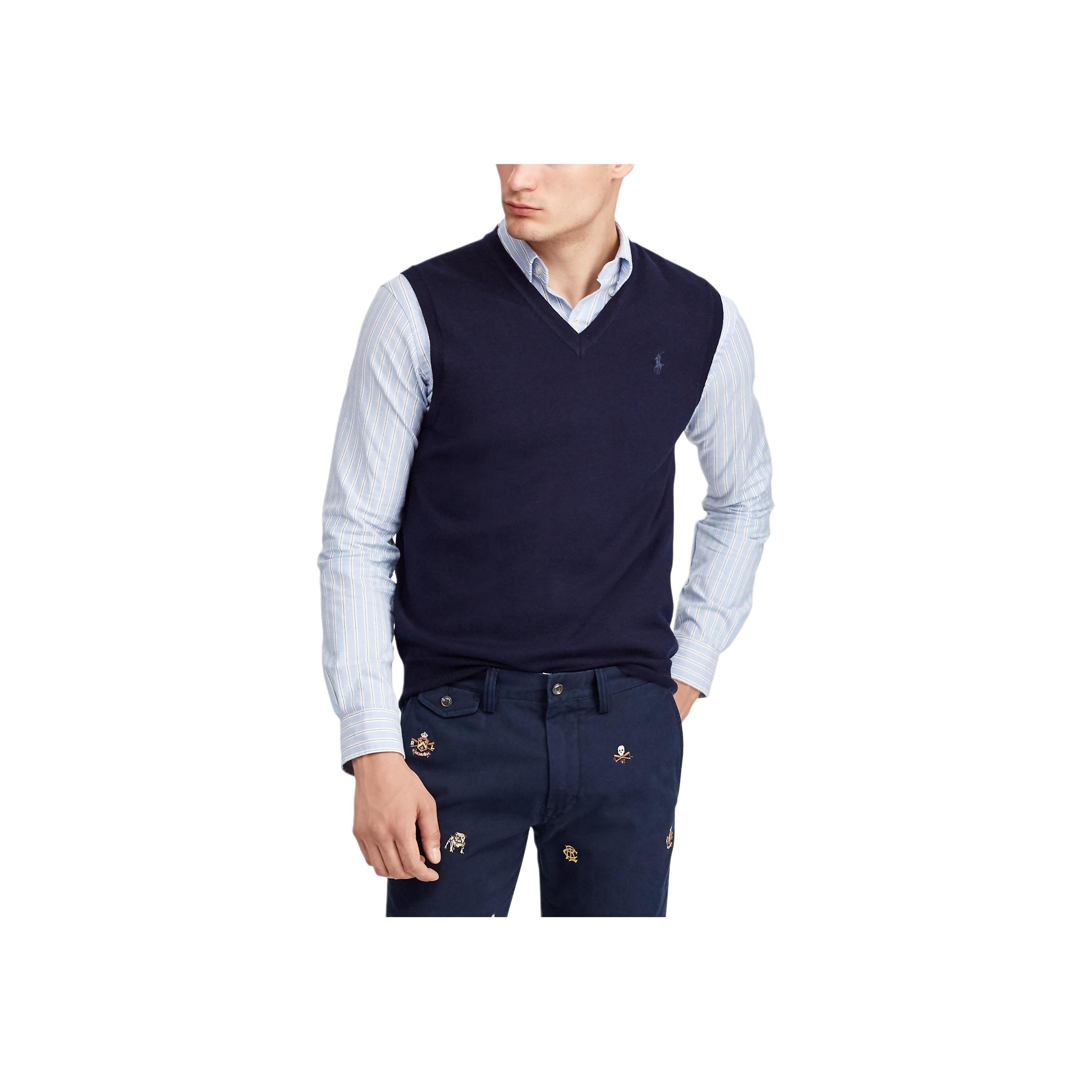 

Polo Ralph Lauren Мужской вязаный жилет-свитер из шерсти с V-образным вырезом и вышивкой логотипа маленькой пони темно-синий 710722662-001 L