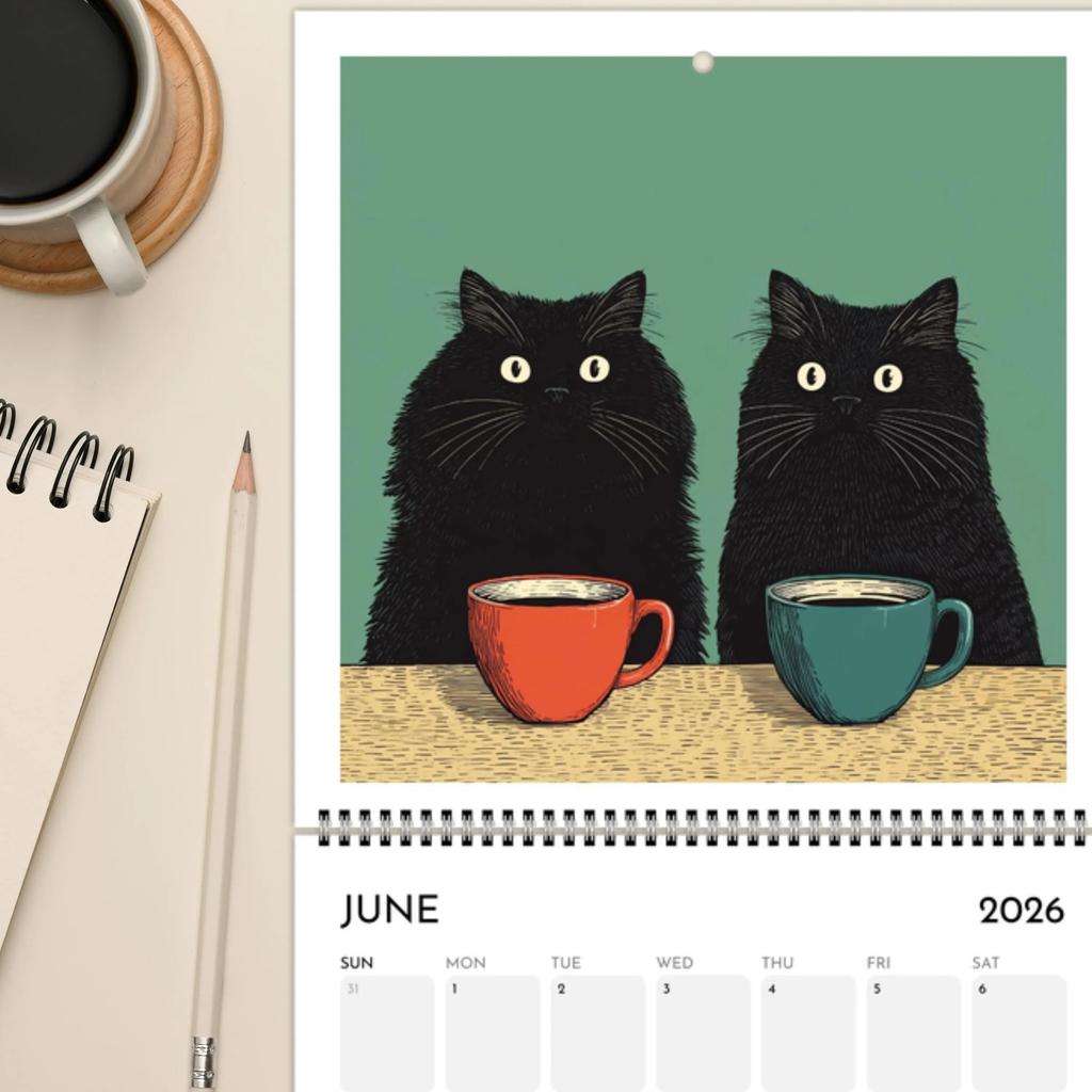 2026 Calendar Hangable Cat Chilling with Coffee Design Family Planner Schedule Organizer Home Office Decor Present Wall Calendar
