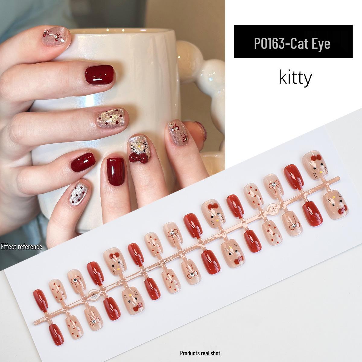 

Xiaohongshu Kitty Cat Eye Wearable Nail Patches - French Bow & Polka Dot Design
