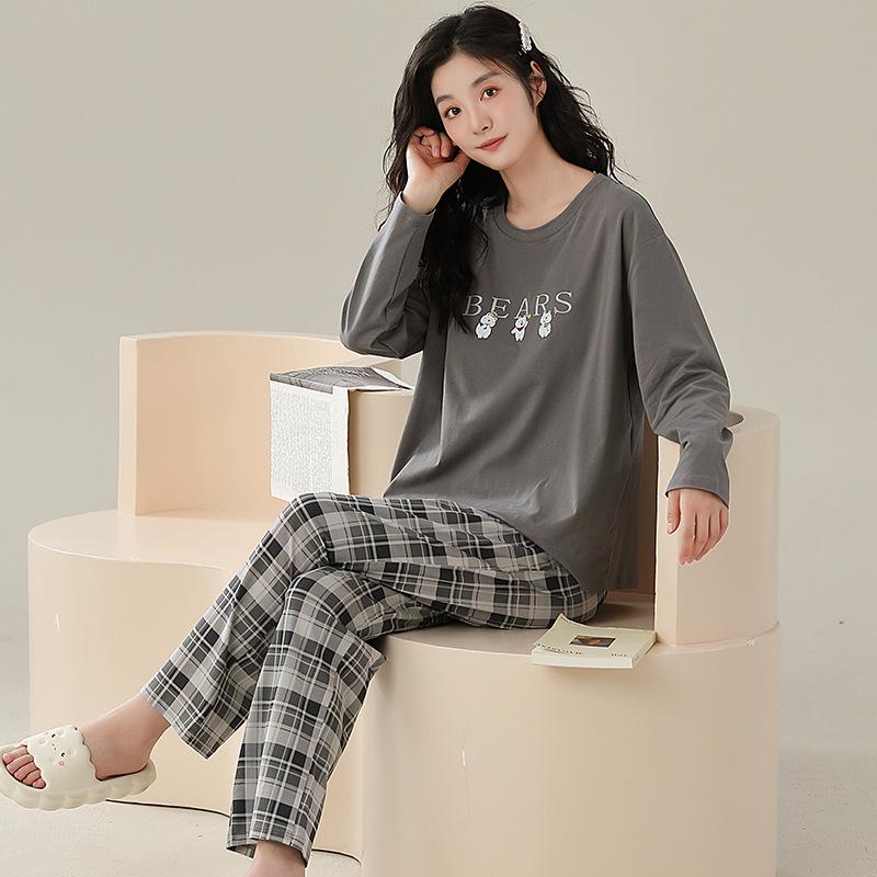 Pajamas With Chest Pads Women'S Pure Cotton Long-Sleeved Round Neck Pullover Loungewear Can Be Worn Outside