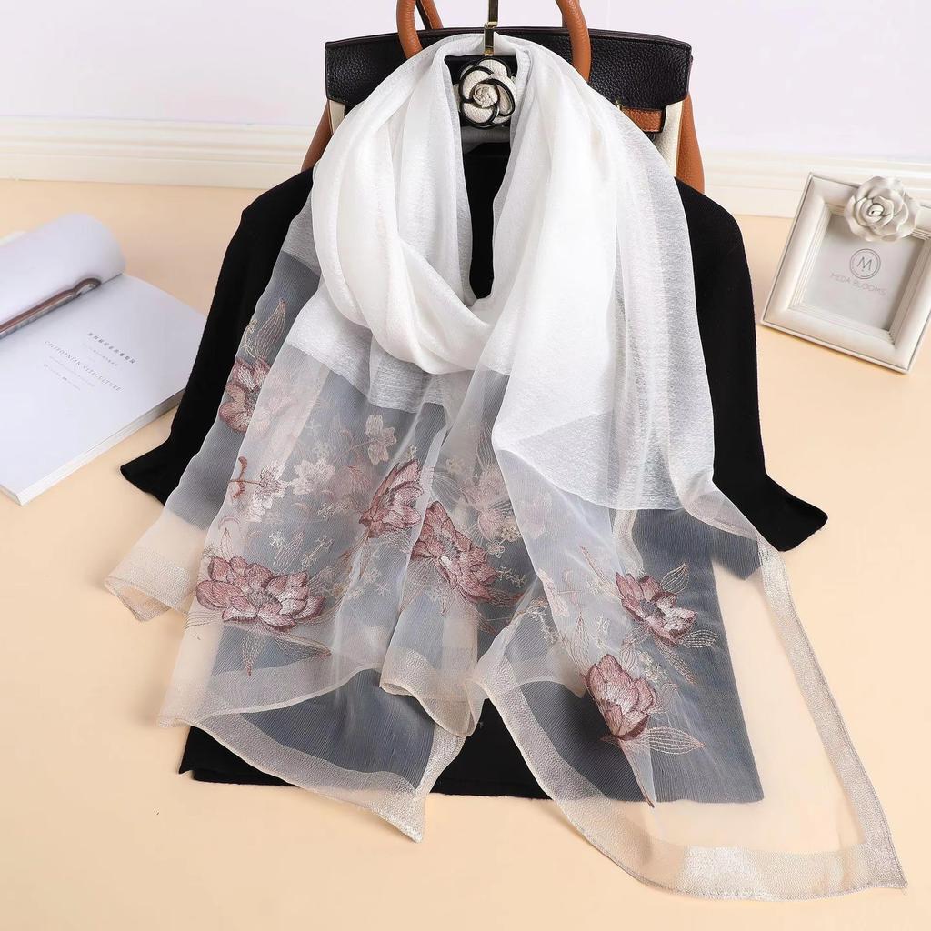 Silk Women Scarf Wool Shawls Lady Wraps Bufanda Floral Pashmina Embroidery Scarves Foulard Hijab Solid Female Hair Bandana