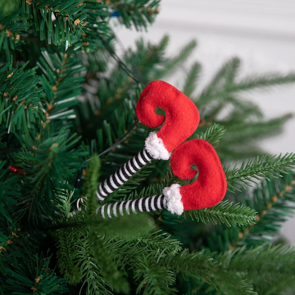4 PCS Christmas Elf Legs Picks-Elf Feet Tree Ornaments with Fixed Wire-Striped Plush Stuffed Elf Leg Picks for Christmas Tree Party Home Decorations