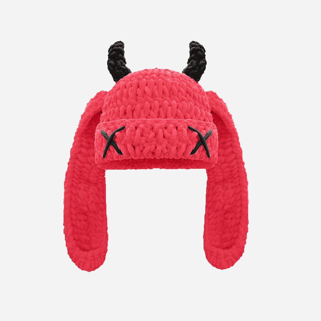 Japanese Popular Funny Devil Corner Crochet Knitted Beanie Hat Handmade Cute Long Ear Warm Cover Warm Wool Hat Spot