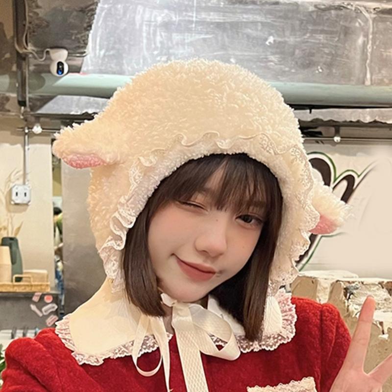 Furry Cartoon Head Cover with Ear for Outdoor Sports Furry Hat Bonnet Lamb Oversized Headgear Hat for Winter