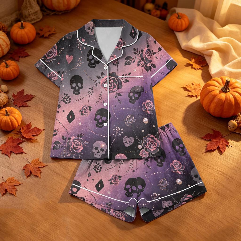 Damen Halloween Pyjama Set 2-teilig Bedruckte Nachtwäsche für lässigen Komfort