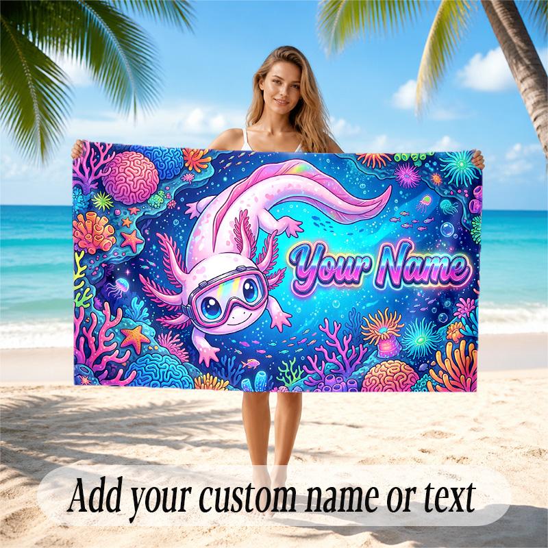 Axolotl Theme Quick Dry Beach Towel Custom Name Text Print Large Sand Resistant Towel Beach Vacation