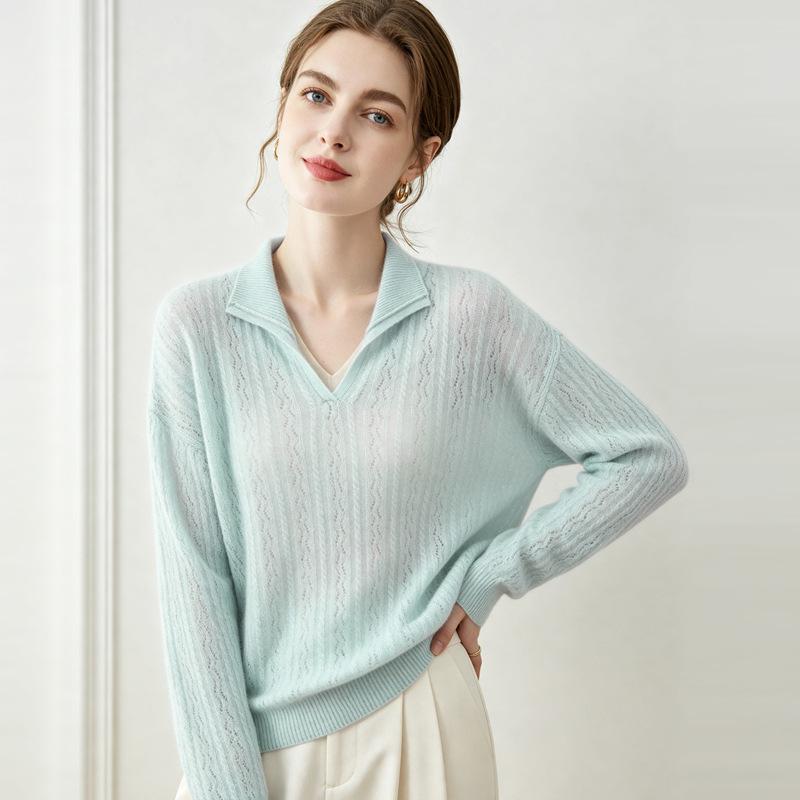 Lekasha 100% Pure Cashmere V-Neck Cable Knit Hollow Stitch Top