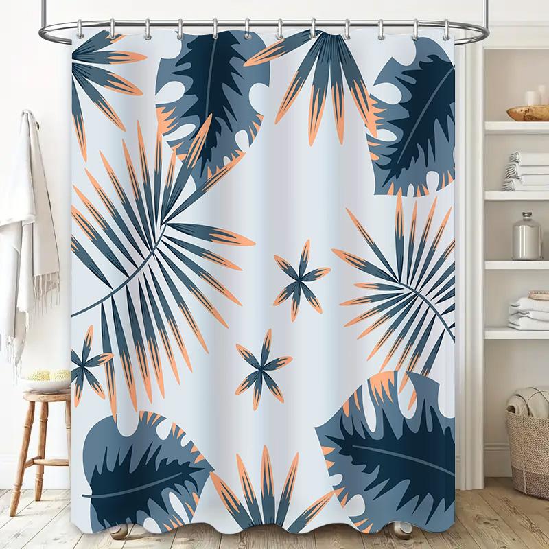 Modern Bathroom Shower Curtain with Palm Leaf Print White Waterproof Fabric for Home Decor Size180cm X 274cm (White)