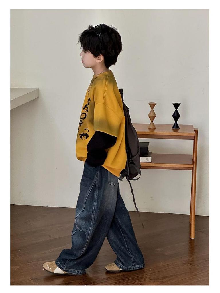 Jungen 2025 Trendiges Langarm-Sweatshirt: Amerikanisches Fake-Zweiteiler-Design für Kinder