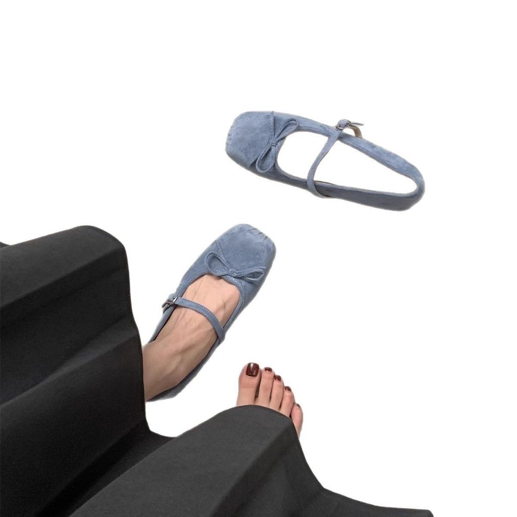 Suede square head shallow mouth single shoes women's autumn new late retro gentle ballet flat bottom Mary Jane