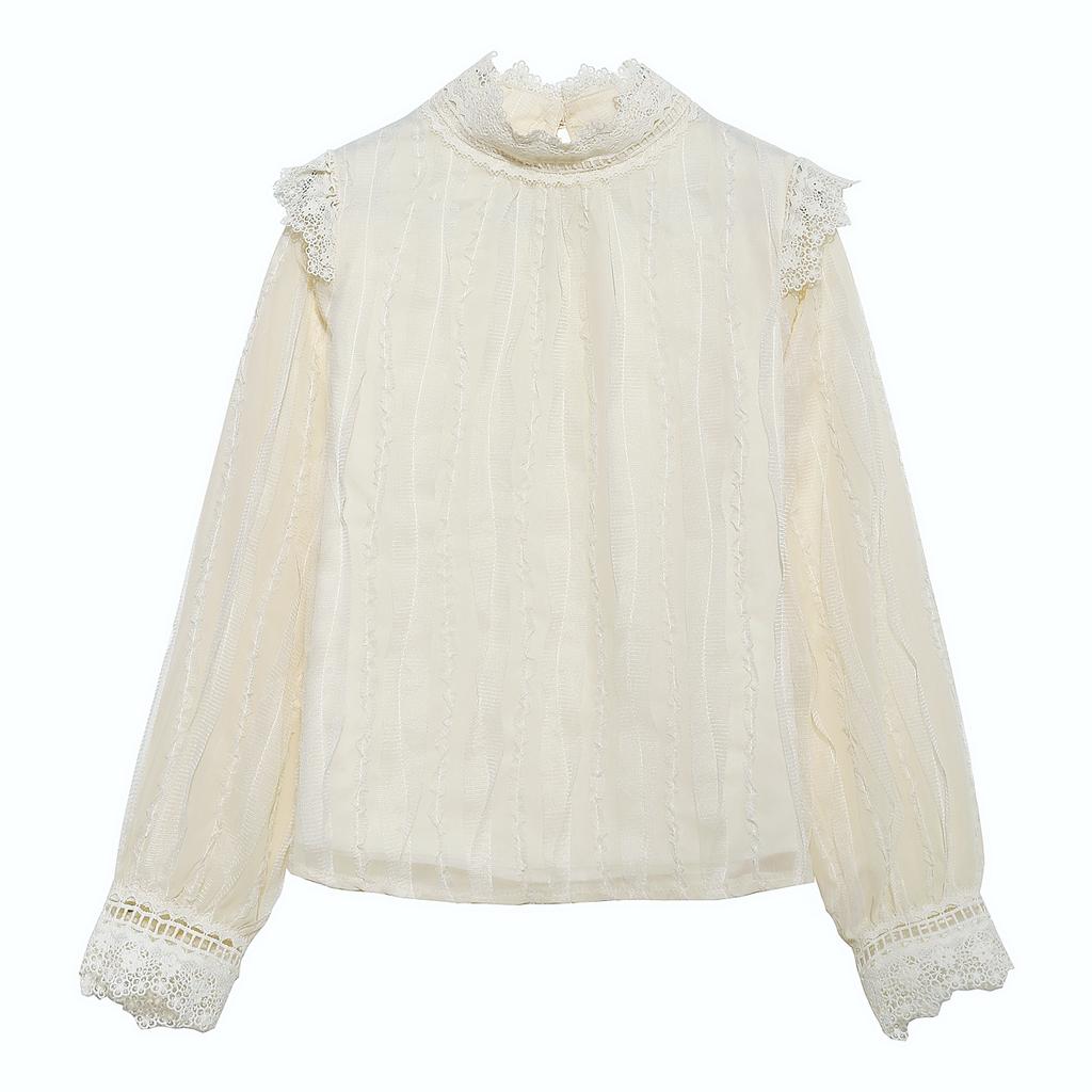 Autumn Fashion New 2024 Long Sleeve Stand Collar Casual Mesh Lace Blouse Shirt Women Tops Blouses Shirts J495