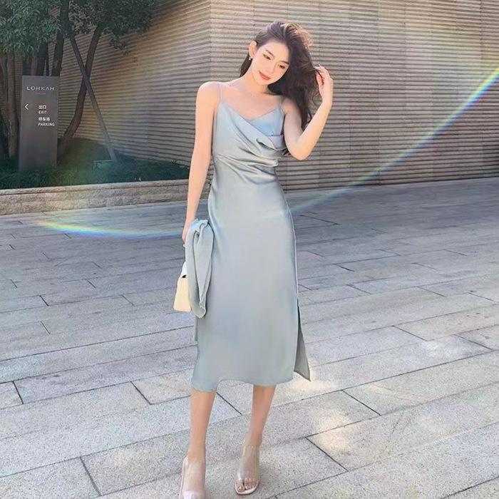 Летнее французское новое поступление платье-комбинация темперамент женское летний дизайн sense нишевый стройнящий разрез длинная юбка S светло-синий