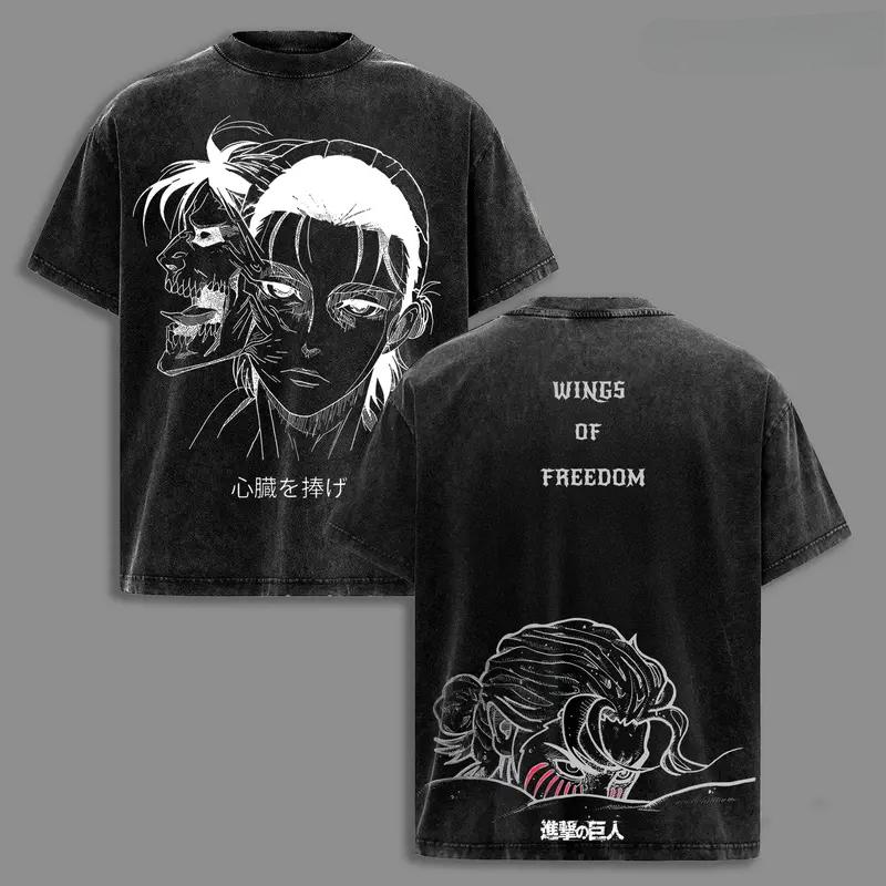 Hot Anime Attack On Titan Eren Jaeger Graphic Tee Men Short Sleeve Clothing Washed Cotton Tshirt Casual T-shirt Harajuku T Shirt