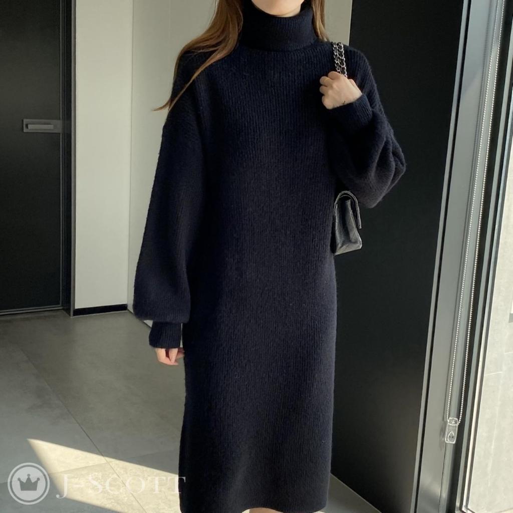 J-Scott Women's Knit Turtleneck Dress with Drop Shoulders, Voluminous Sleeves, and Midi Length, Black, JS116-BK-L