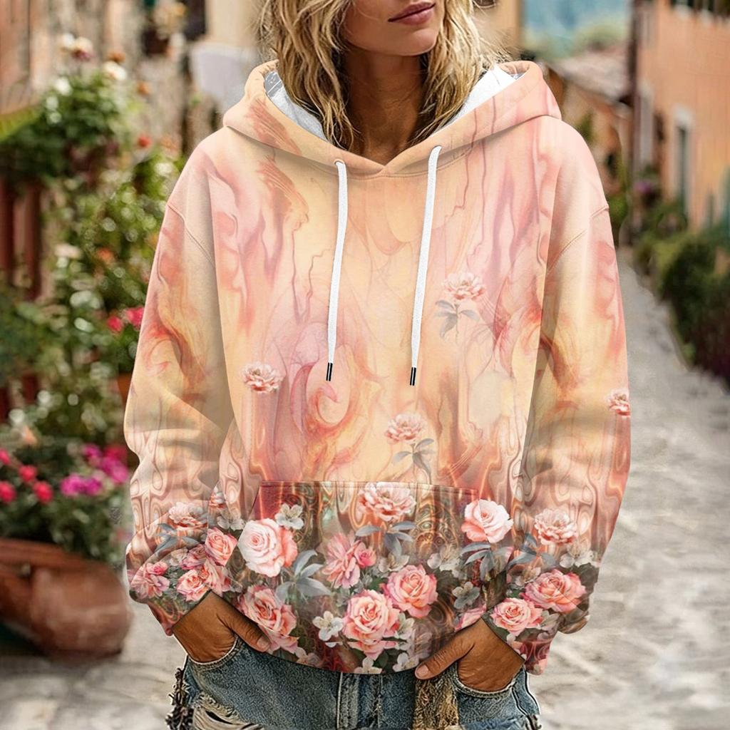 Women's Floral Print Long Sleeve Hoodie with Pocket and Casual Pullover Sweatshirt