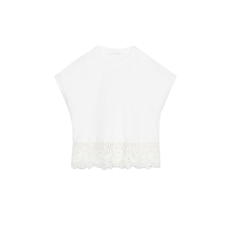 Summer New Product Women's Clothes Silm Straight-leg Cotton Embossed Lace Patchwork Short Sleeve round Neck T-shirt 0858192