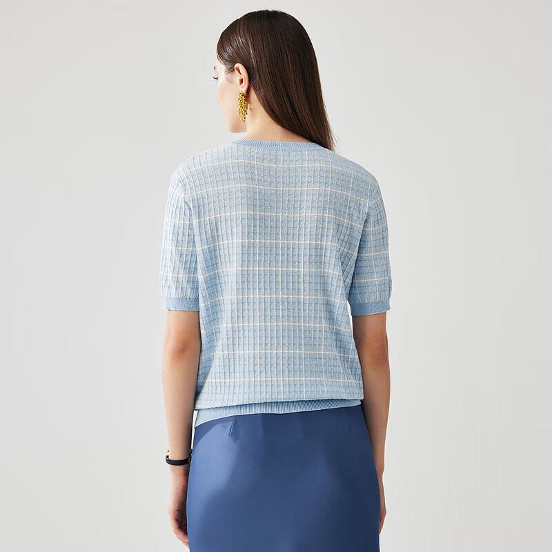 Zhaojun Women's Mulberry Silk Plaid Knit Short Sleeve Top