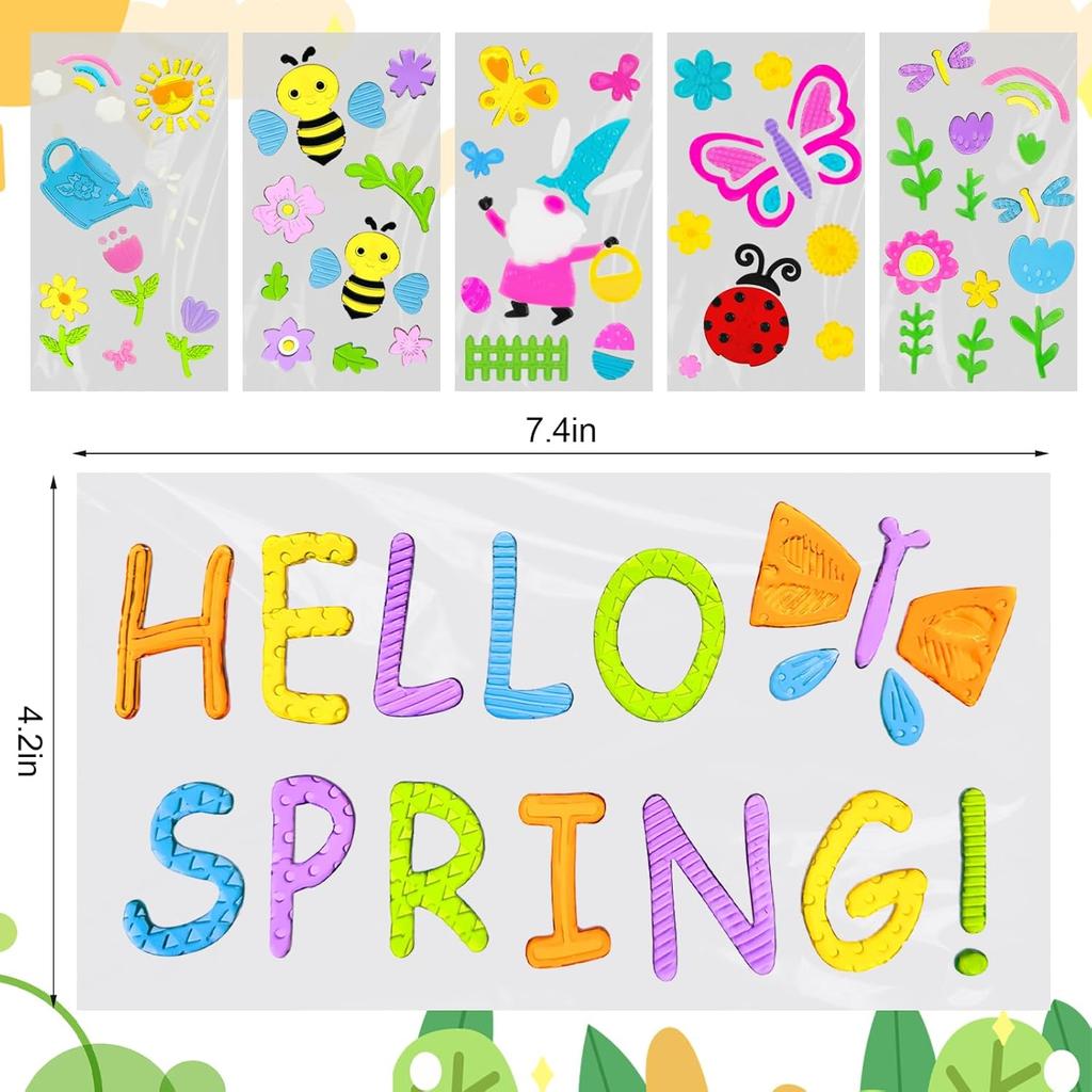 6 Sheets Spring Gel Window Clings,Hello Springs, Flowers, Butterfly Bees, Birds for Spring Decorations, Easter Window Clings Holiday Party