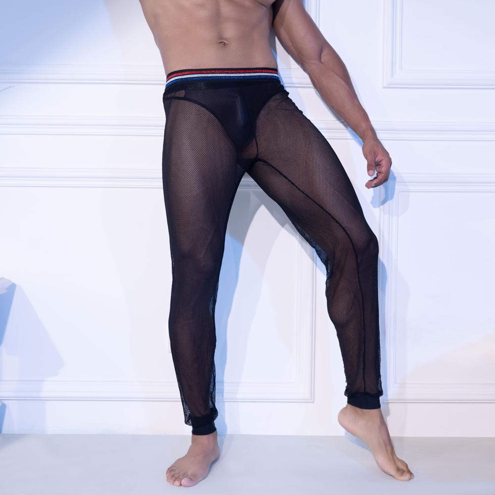 Sexy Men Mesh See Through Tight Pencil Pants Fashion Club Pants Transparent Men'S Pyjama Trouser Sleep Pant Black Home Wear
