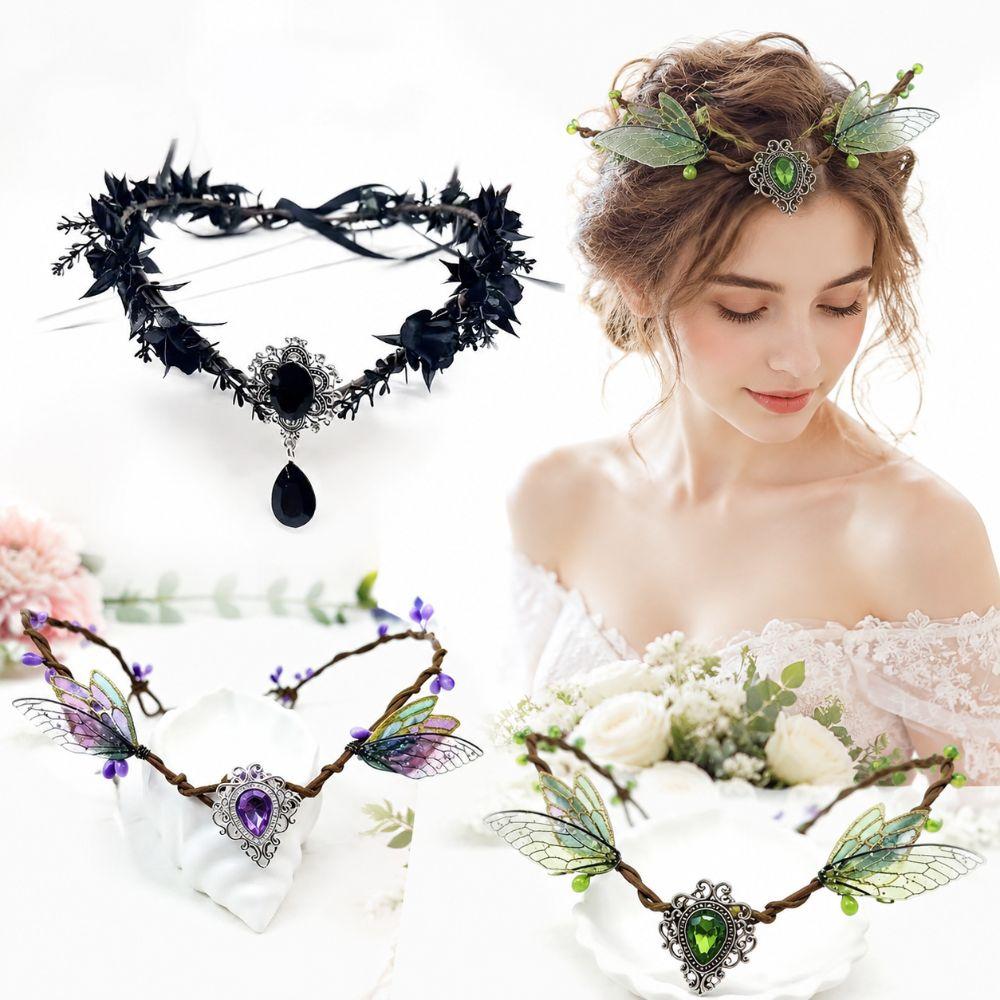 Rhinestone Decorated Fairy Flower Leaf Headbands Elven Princess Tiara Photoshoot Costume