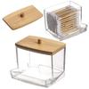 Modern Minimalist Clear Plastic and Bamboo Cotton Swab Holder with Dispenser