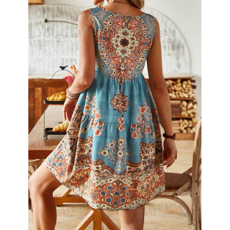 Women's Fashion Summer Spring Flower Pattern Print Sleeveless V-Neck High Waist Casual Dresses